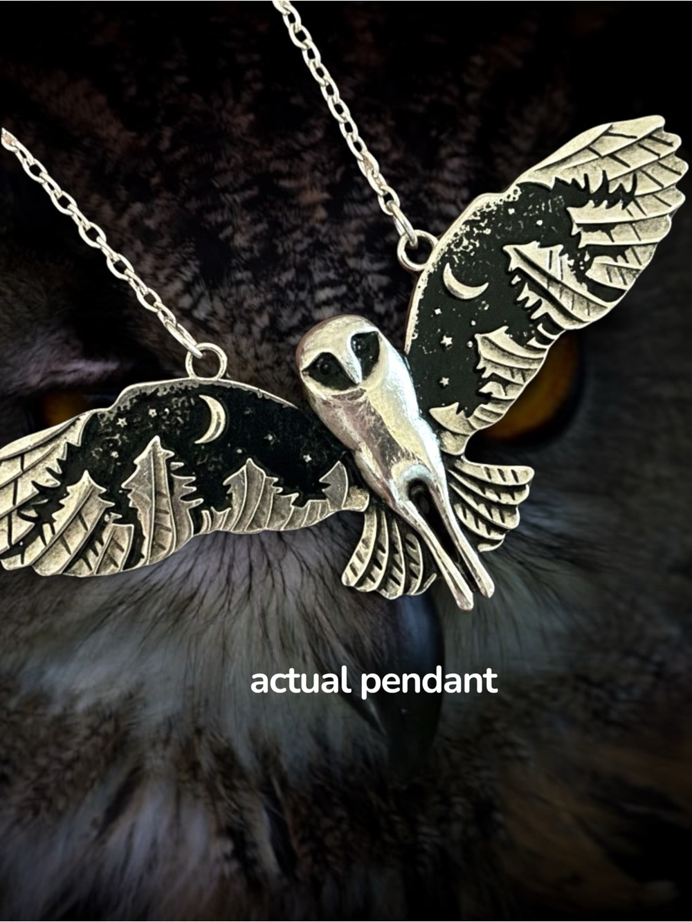 Owl Pendant Womens Necklace Outstretched Wings Embossed w Trees Moon Jewelry New